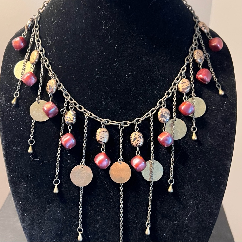 Vintage Boho Red Beaded Coin Dangle Bib Statement Necklace